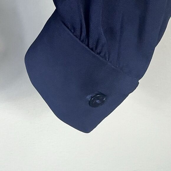 L'Agence Navy Blue Semi Sheer Silk Button Down Blouse XS Lace Trim - Picture 7 of 13